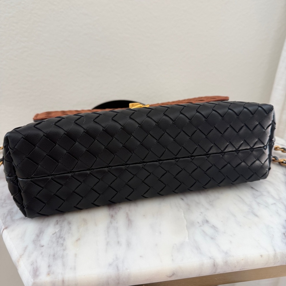 Brown Black Two-Tone Woven Leather Top Handle Crossbody Chain Strap Bag - Picture 8 of 14